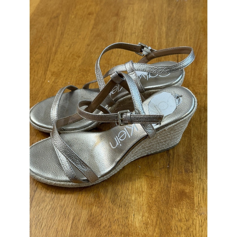 Calvin Klein Gold Leather Strappy Wedge Sandals Heels Belaine 34E6825 Womens 9M